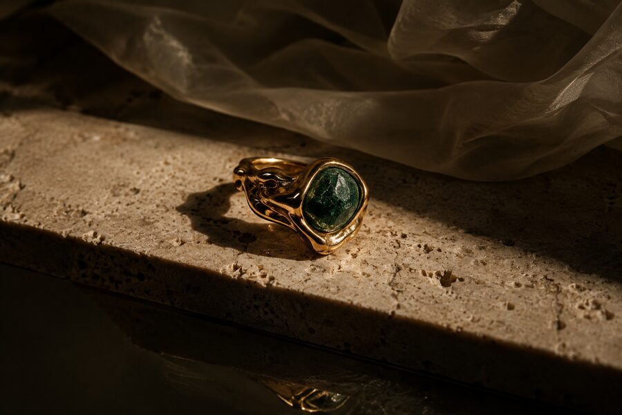 Anillo de oro con esmeralda sobre travertino